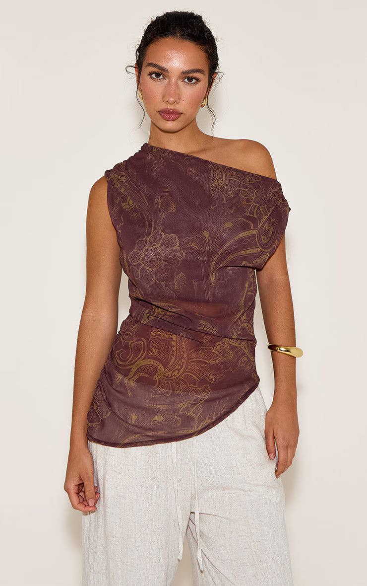 Brown Paisley Printed Chiffon Asymmetric Hem Long Top