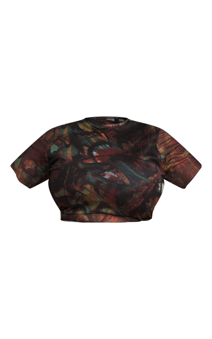 Plus Multi Printed Lettuce Hem Mesh Top