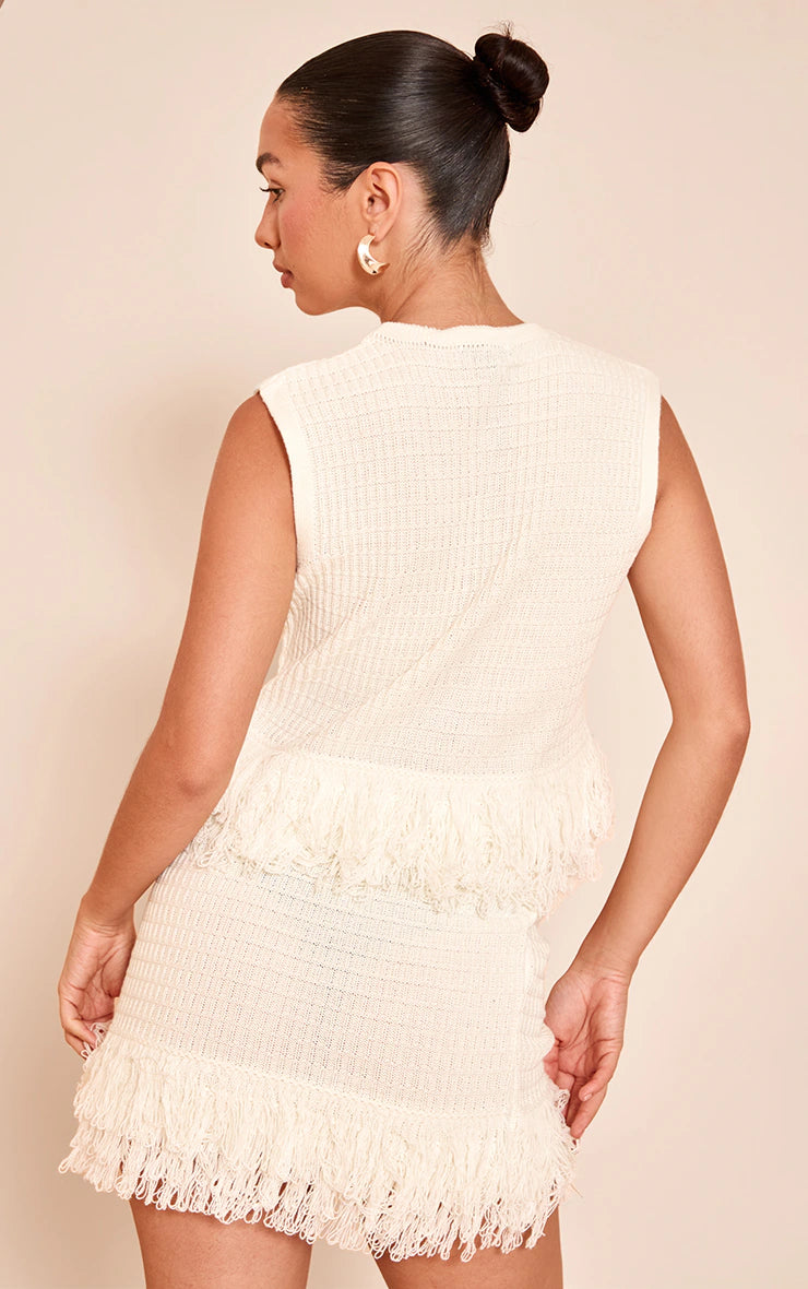 Cream Button Up Fringe Detail Knitted Cardigan