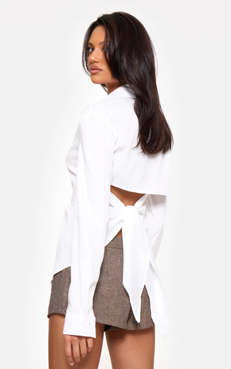 White Fitted Open Tie Back Shirt