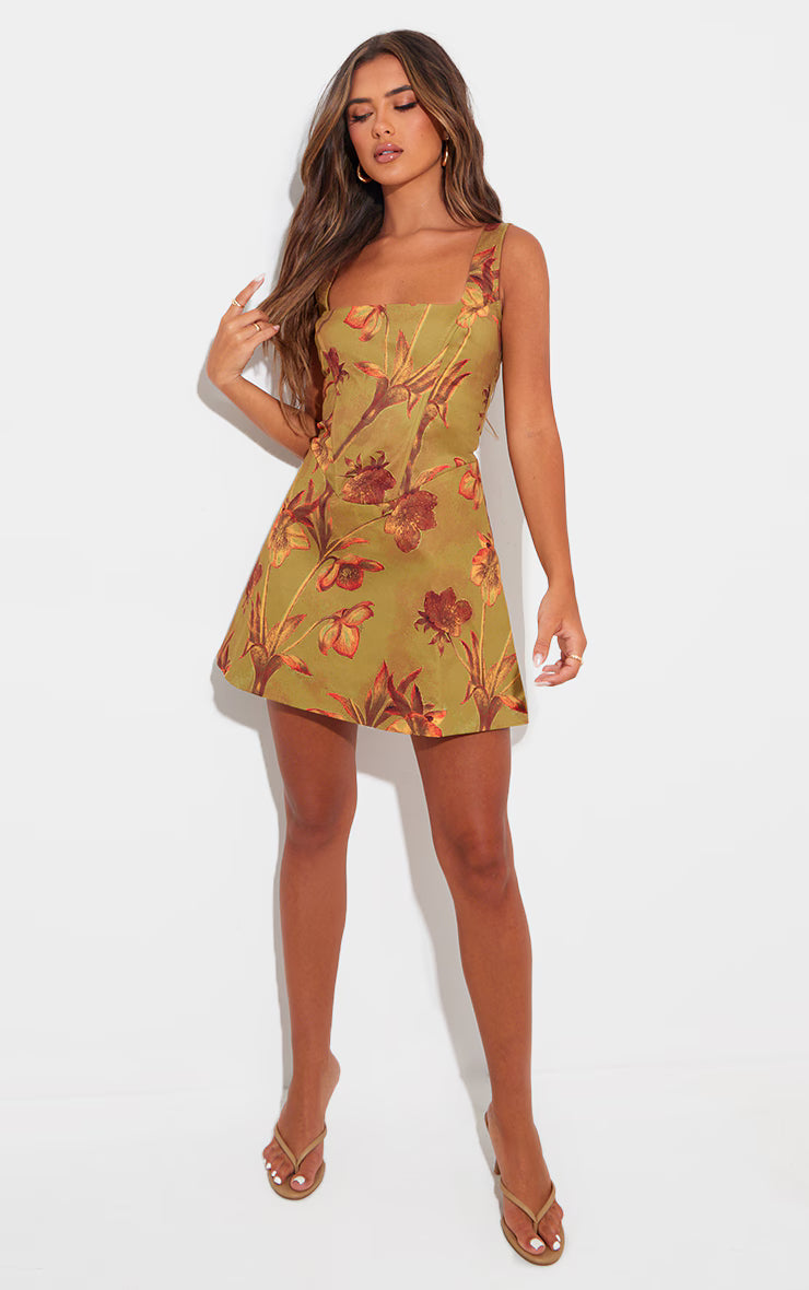 Green Floral Corset A Line Shift Dress