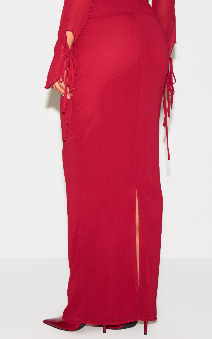 Burgundy Ruched Chiffon Maxi Skirt