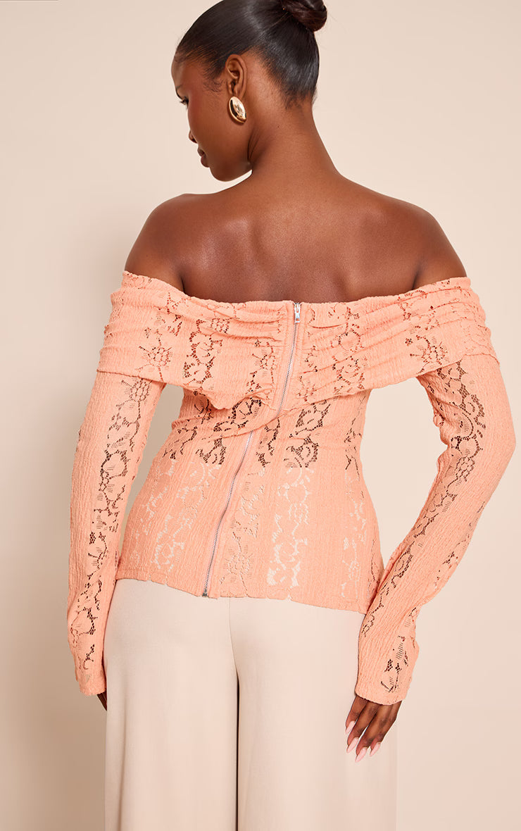 Peach Fitted Lace Flared Sleeve Bardot Top