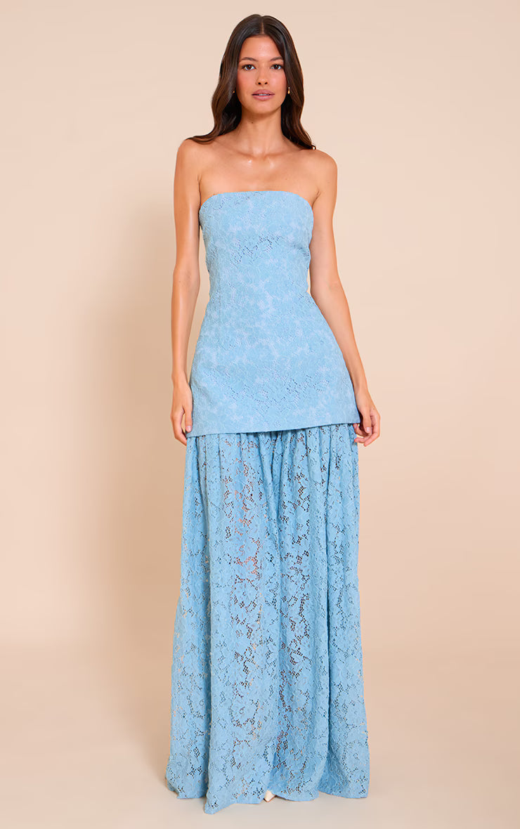 Light Blue Lace Sheer Skirt Panel Bandeau Midaxi Dress