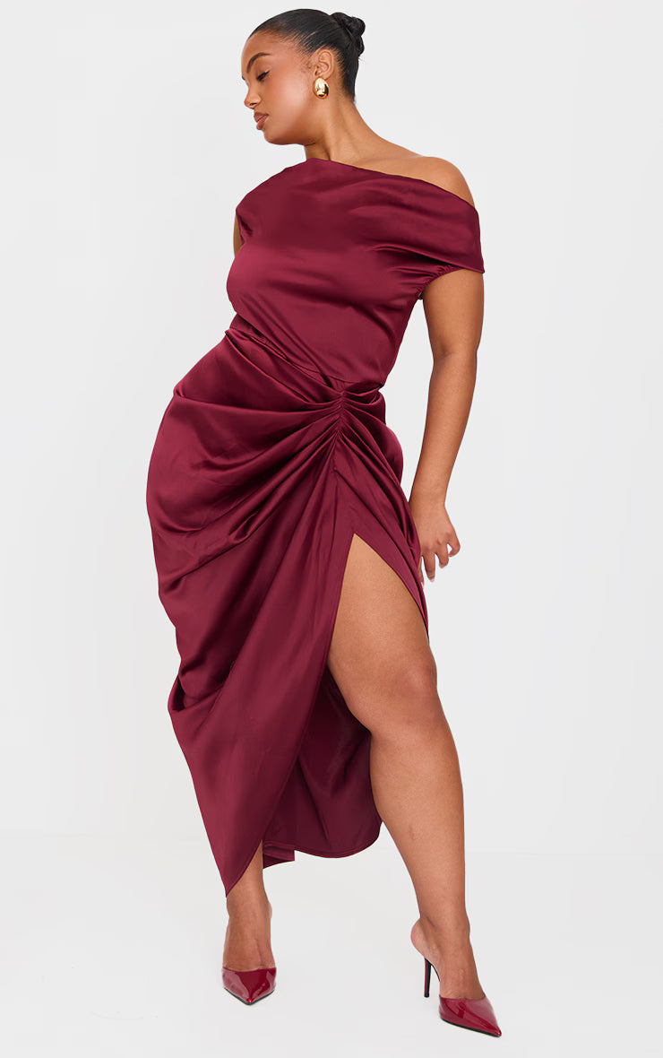 Plus Burgundy Satin Off The Shoulder Draped Skirt Midi Dress
