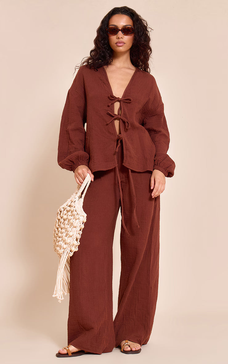 Dark Brown Cheesecloth Textured Tie Front Shirt