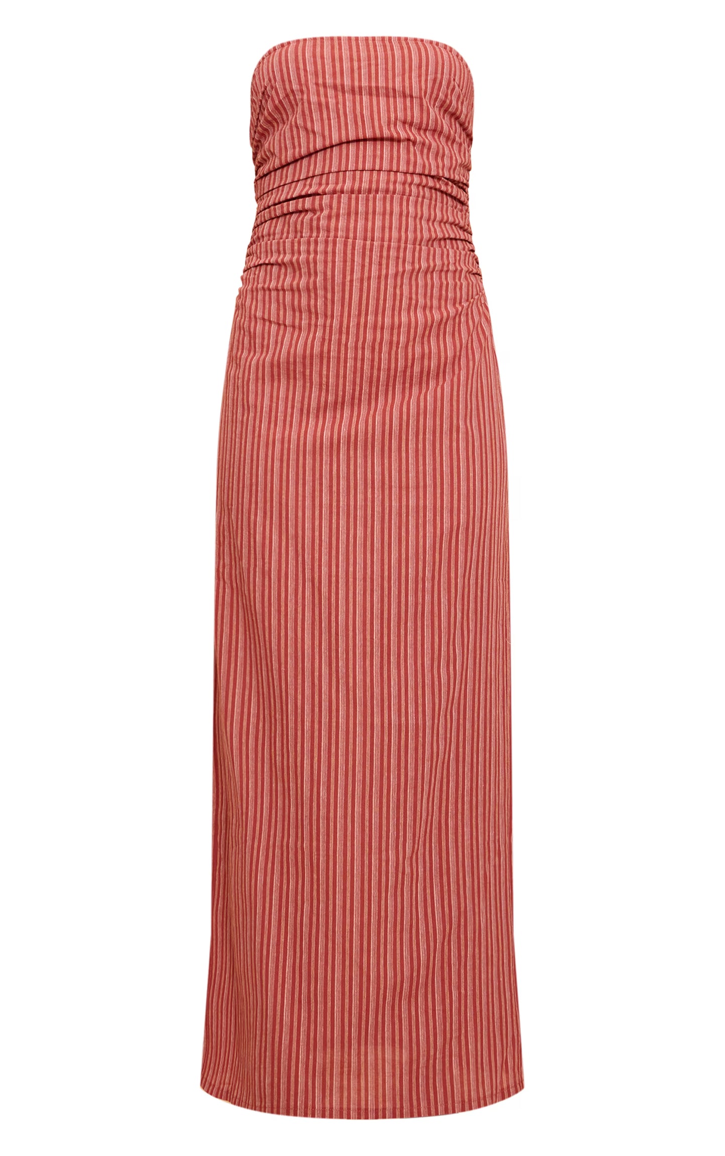 Rust Striped Bandeau Ruched Shift Dress