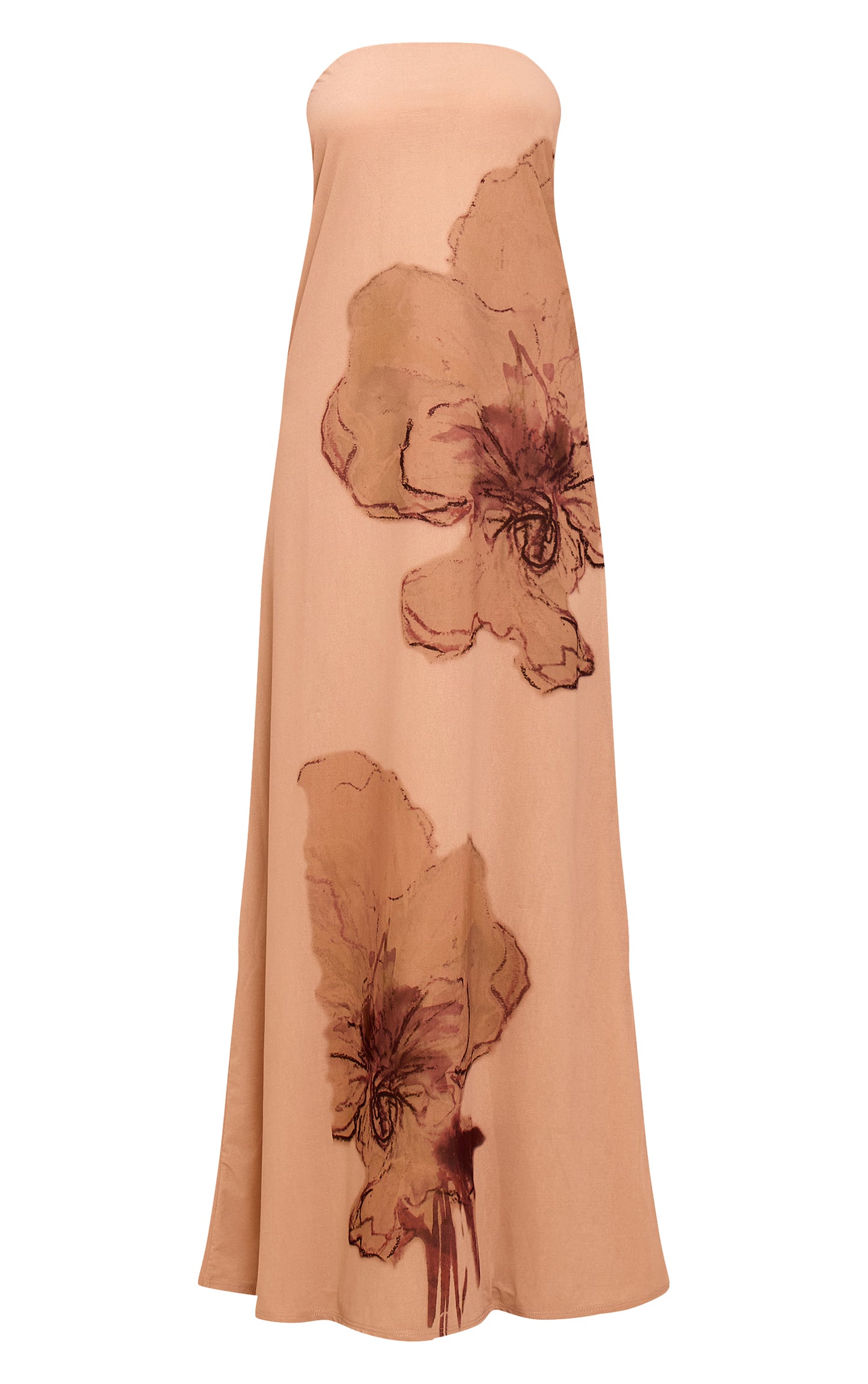 Beige Floral Printed Double Layered Bandeau Colum Dress