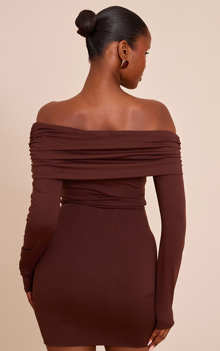 Chocolate Soft Touch Fold Over Ruched Mini Dress
