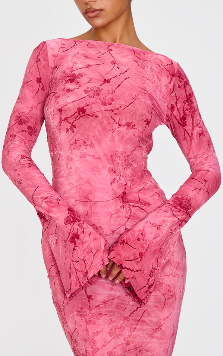 Pink Floral Devore Long Sleeve Maxi Dress