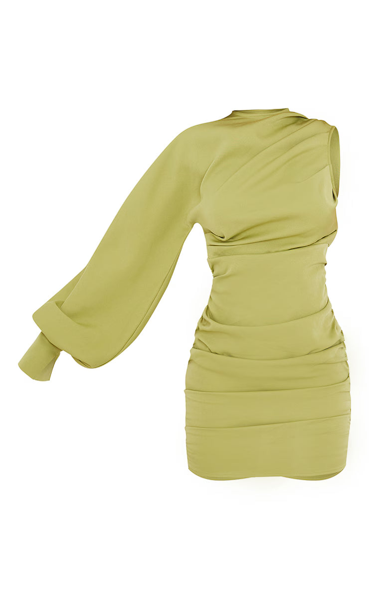 Sage Green One Sleeve Ruched Woven Bodycon Dress