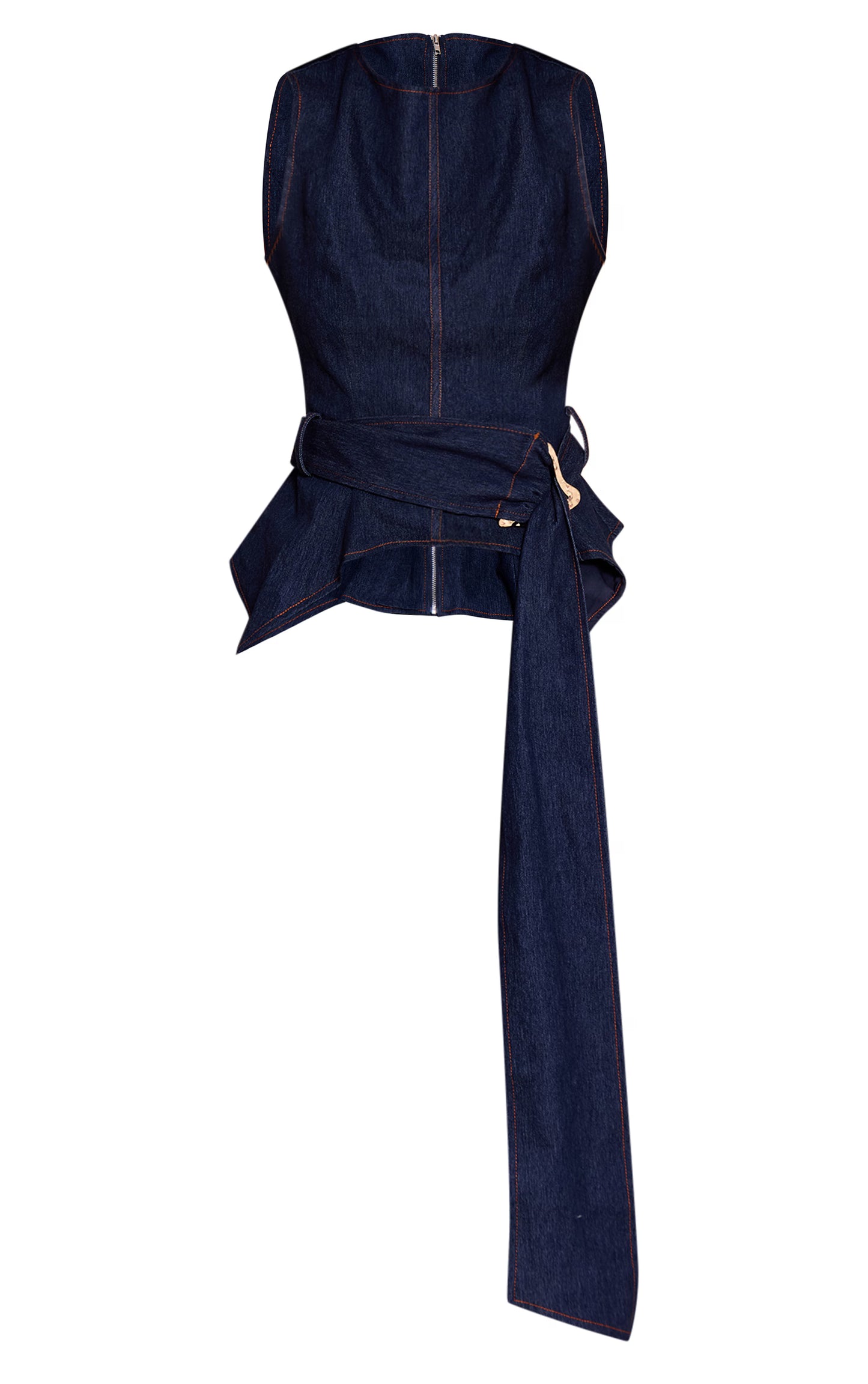 Indigo Blue Chambray Denim Belted Trim Detail Peplum Top