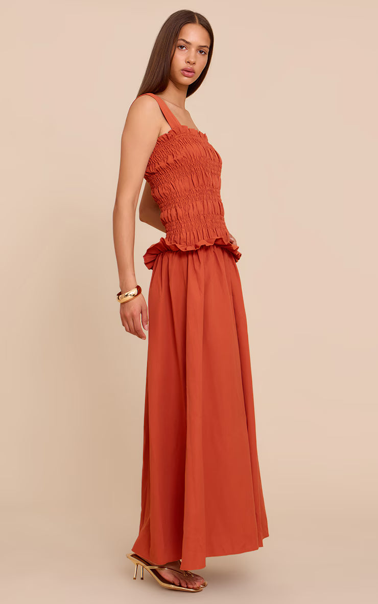 Burnt Orange Shirred Frill Detail Maxi Dress
