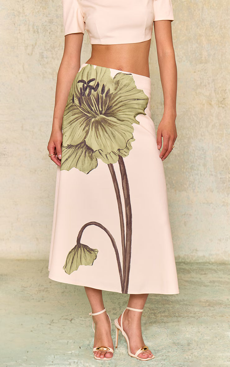 Ecru Floral Printed Midaxi Skirt