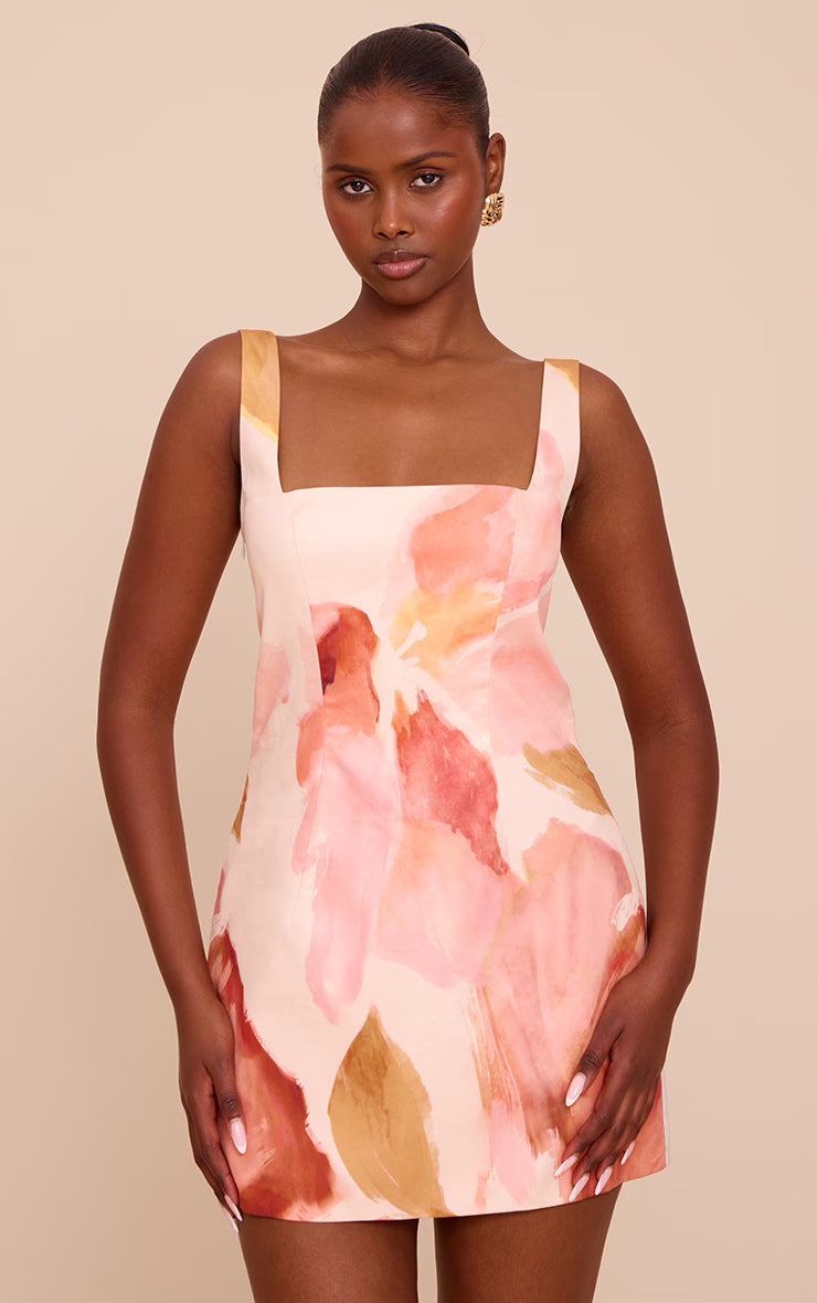 Pink Floral Abstract Print Woven A Line Shift Dress