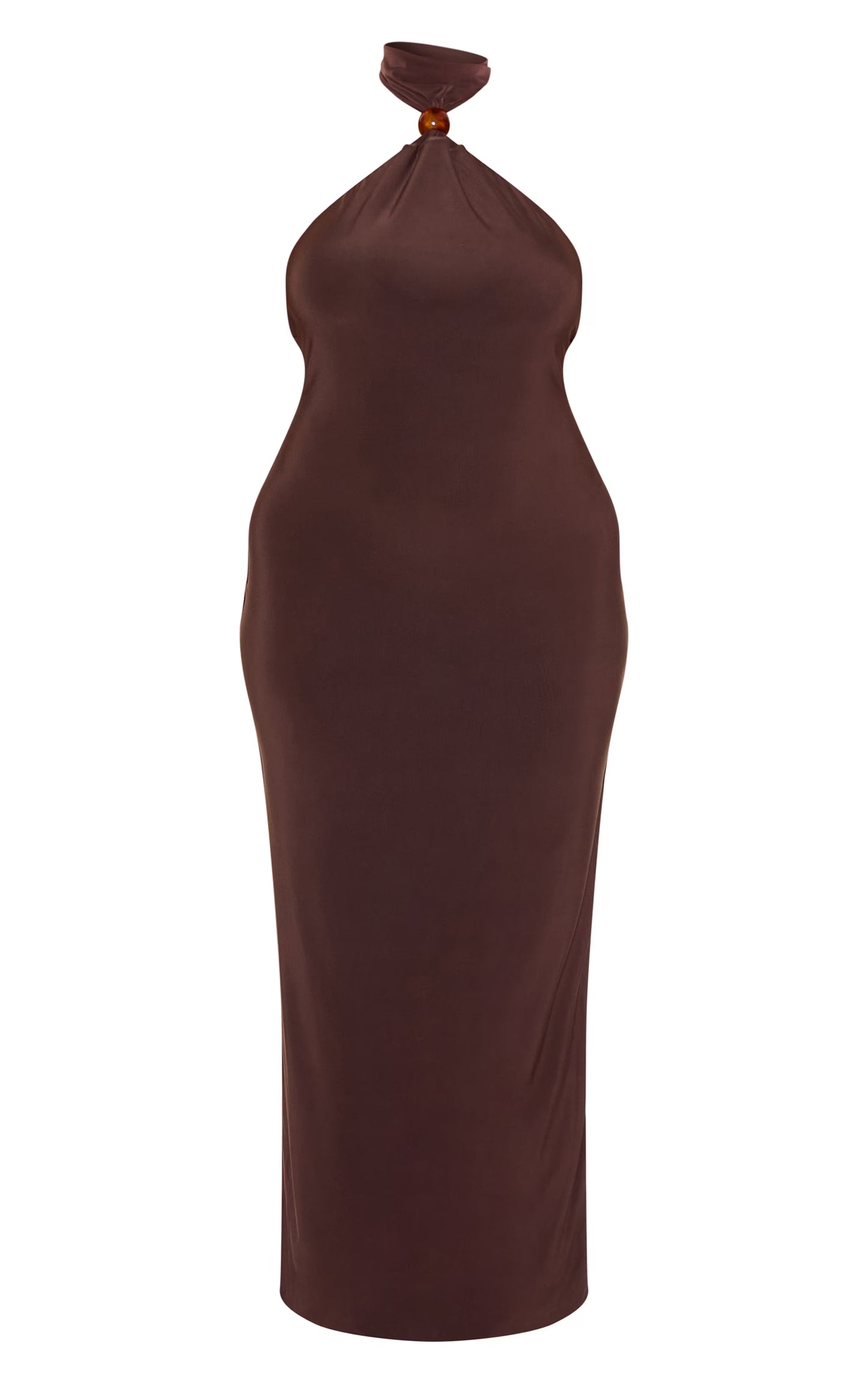 Plus Dark Chocolate Slinky Bead Detail Halter Maxi Dress