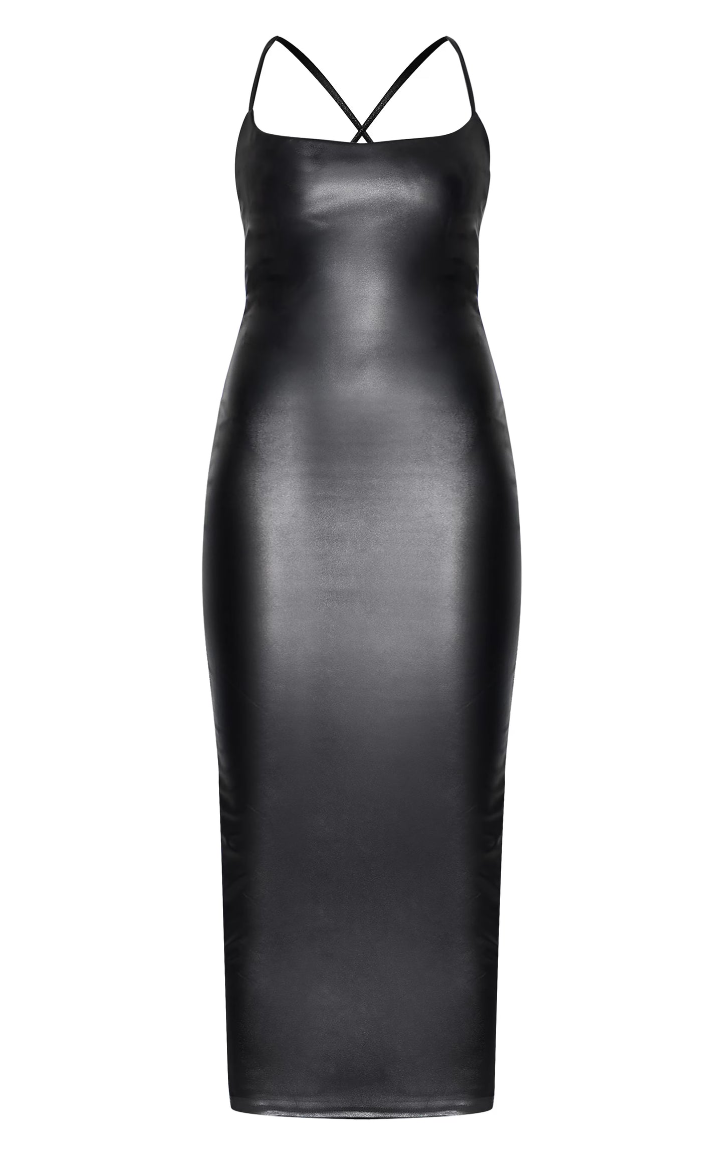Black Faux Leather Lace Up Back Midi Dress