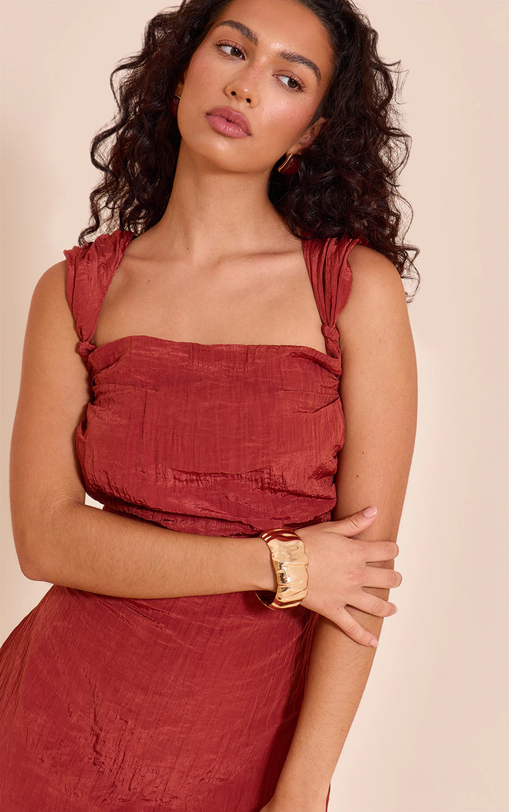 Rust Textured Knot Strap Detail Maxi Dress