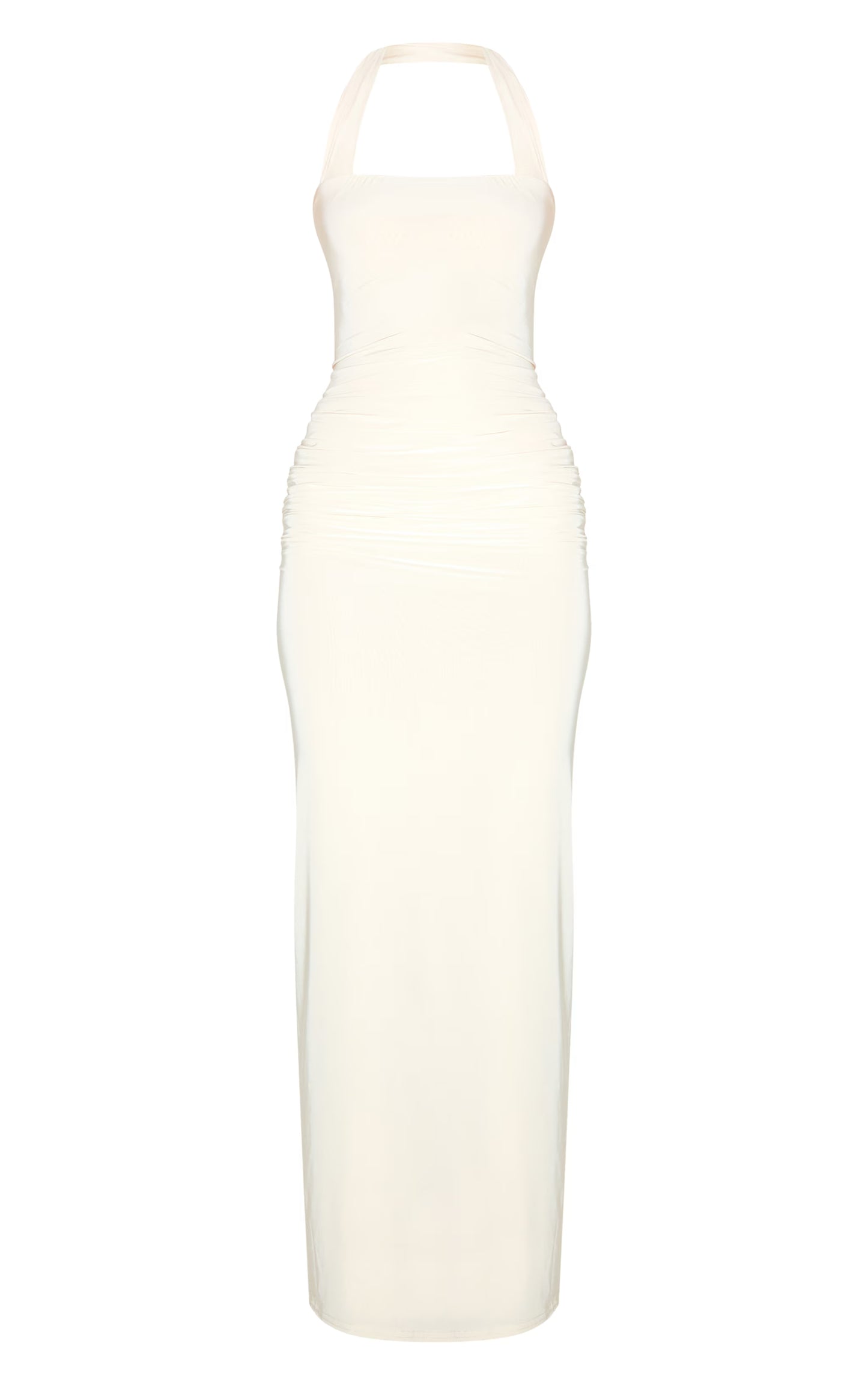 Cream Double Layer Slinky Square Halterneck Drape Detail Maxi Dress