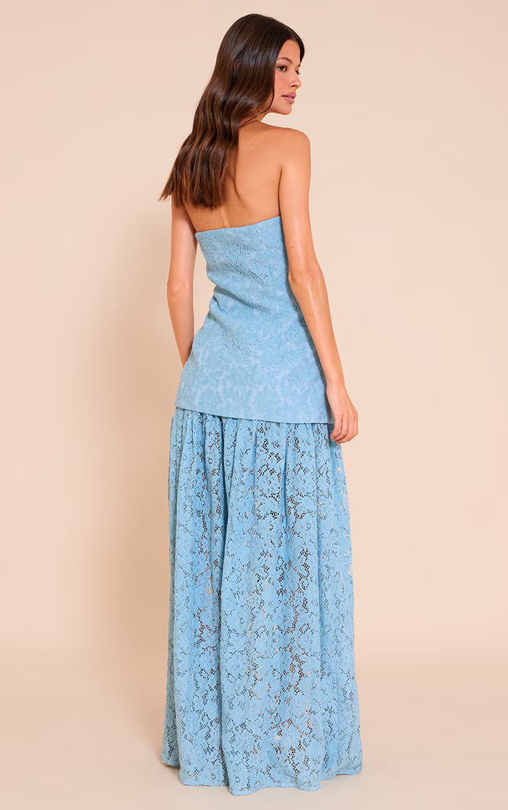 Light Blue Lace Sheer Skirt Panel Bandeau Midaxi Dress