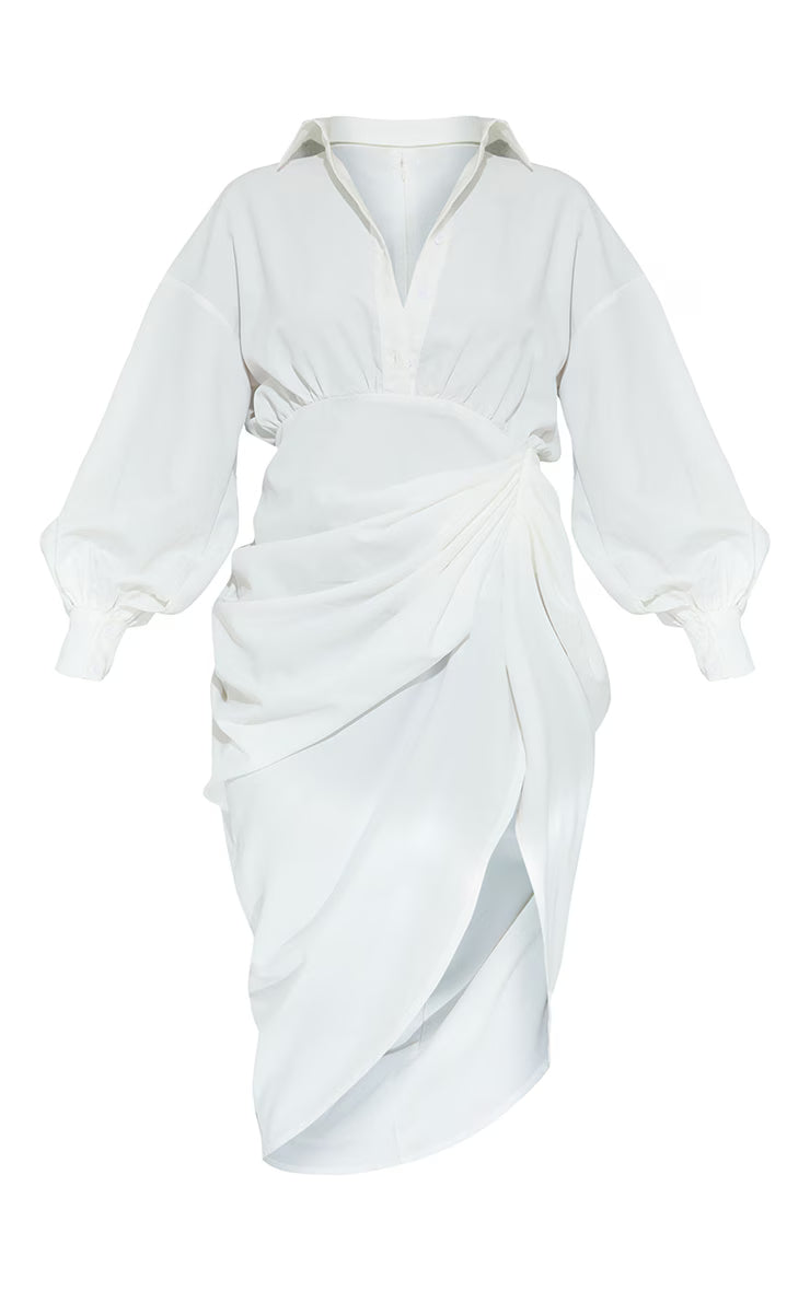 White Balloon Sleeve Gathered Skirt Midi Shirt Dress