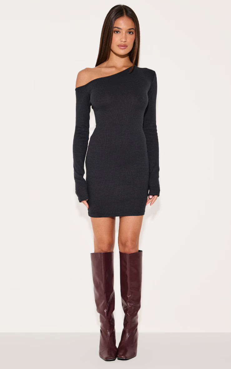 Black Rib Asymmetric Mini Dress