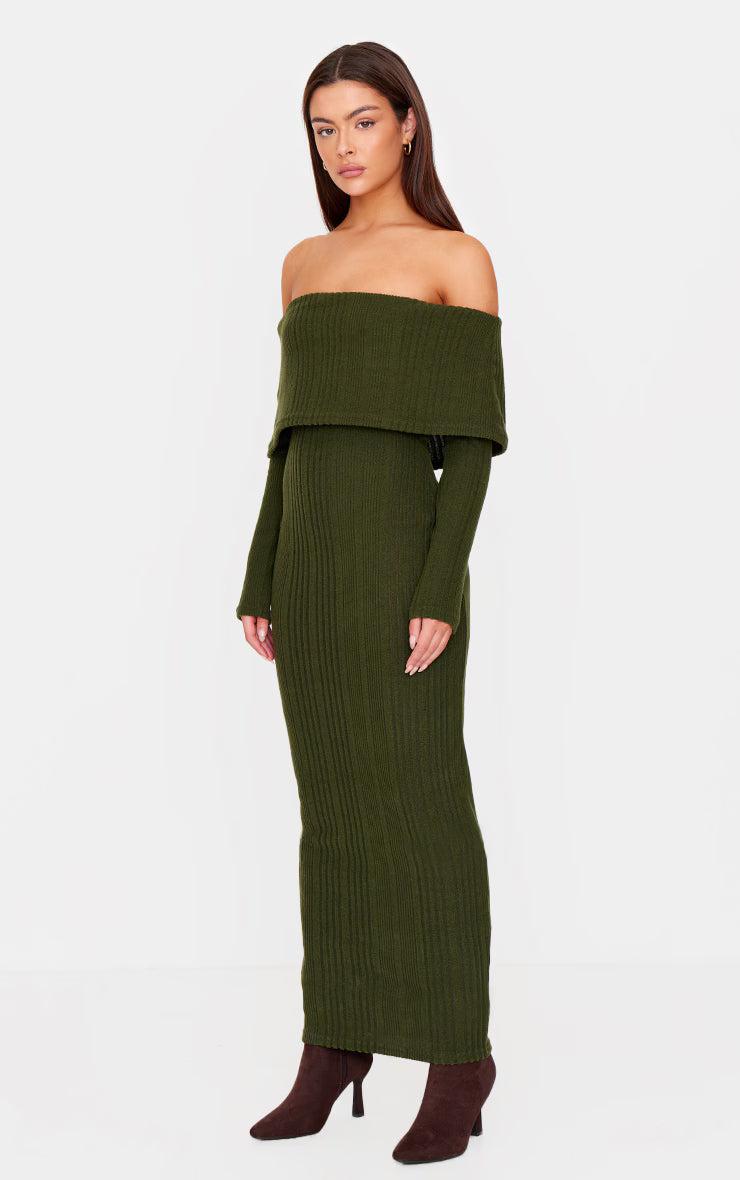 Green Brushed Rib Foldover Bardot Maxi Dress