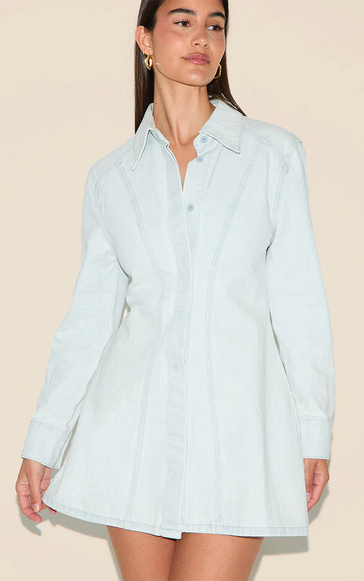 Ice Blue Long Sleeve Cinched Waist Denim Shirt Dress