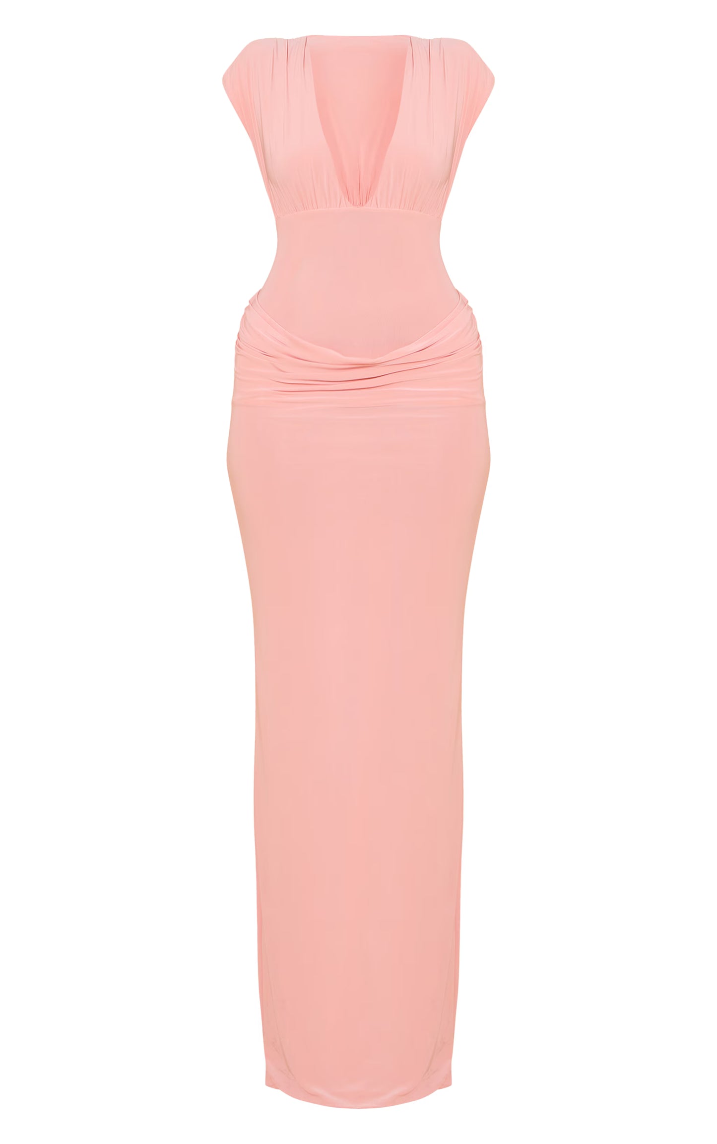 Blush Double Layer Plunge Ruched Shoulder Drape Waist Maxi Dress