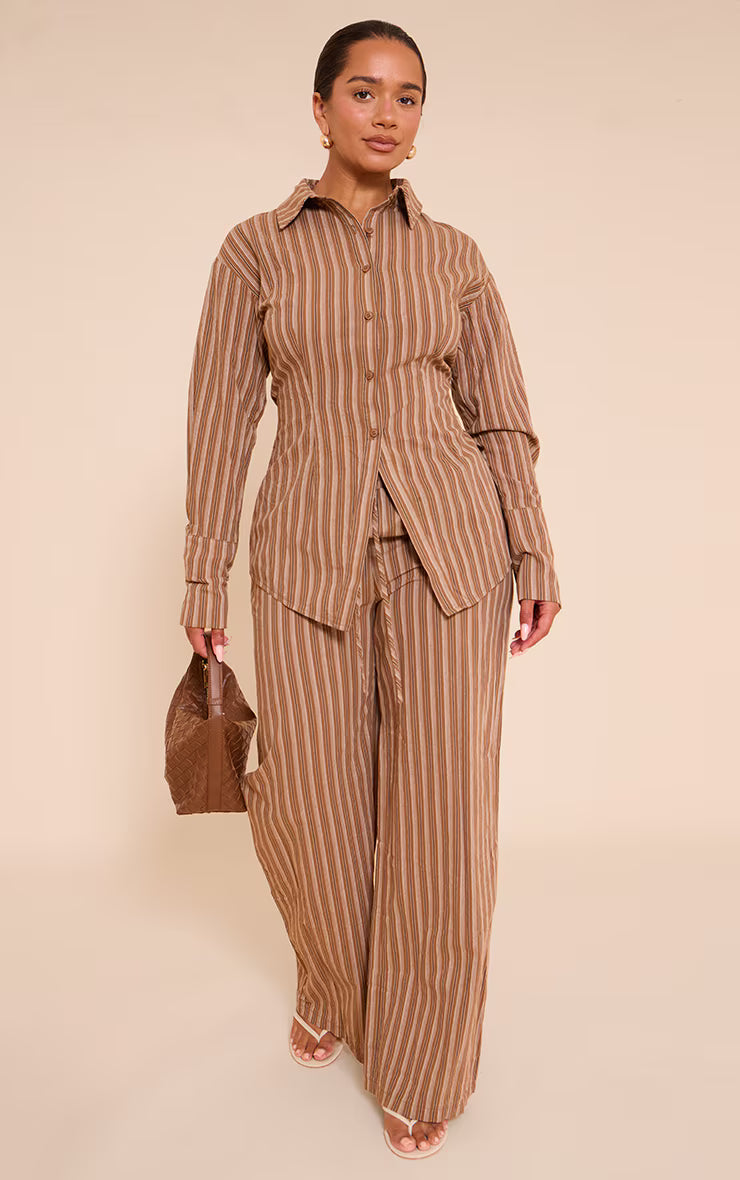 Shape BROWN Striped Lace Up Cinched Back Button Front Shirt