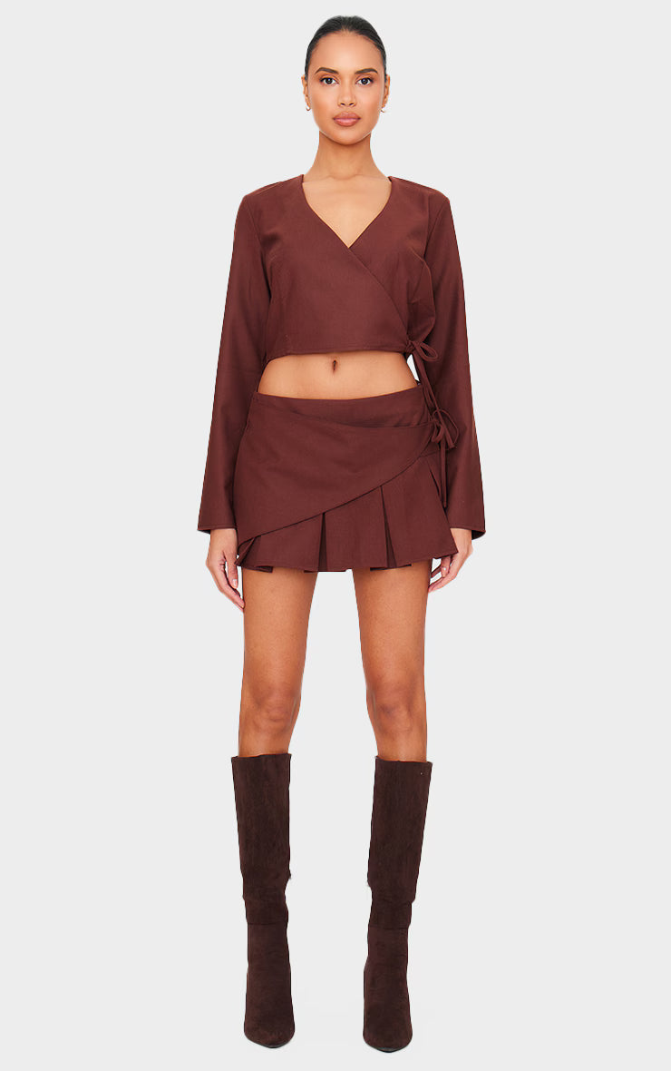 Chocolate Brushed Woven Tailored Wrap Tie Top