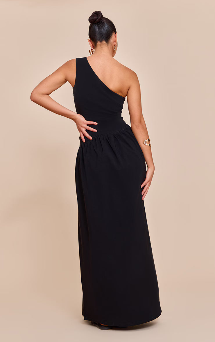 Black Stretch Woven One Shoulder Maxi Dress