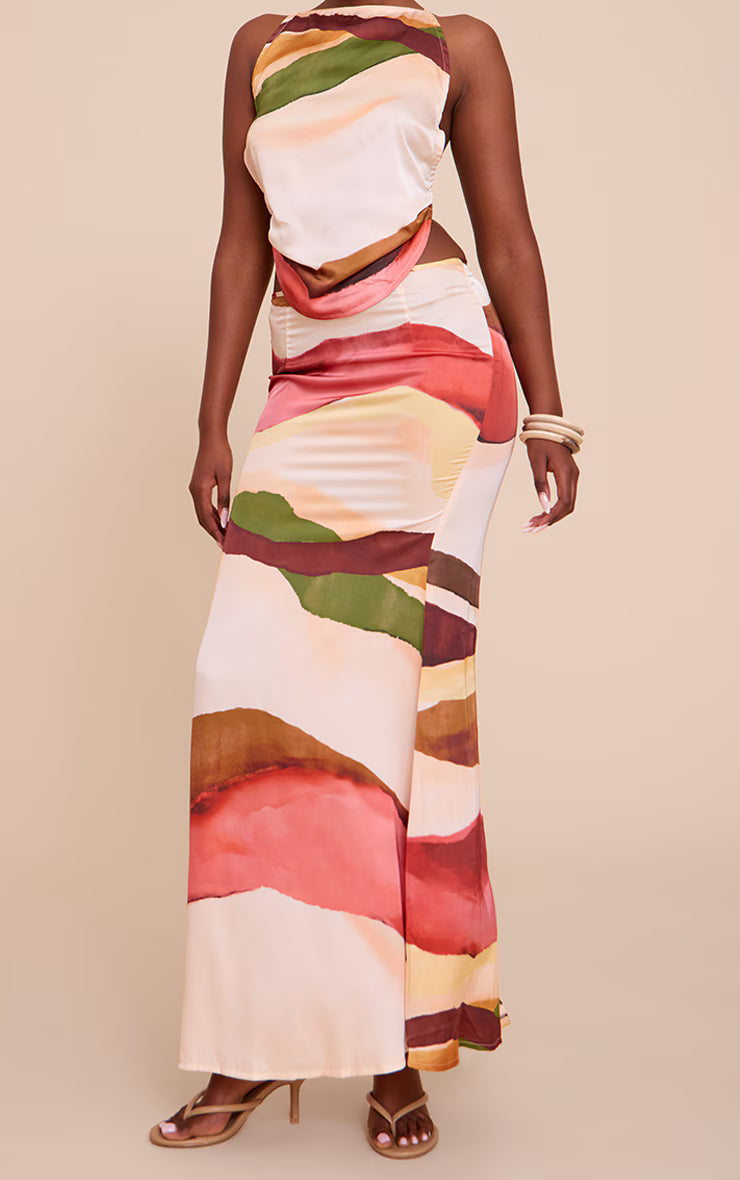 Multi Abstract Print Satin Floaty Maxi Skirt