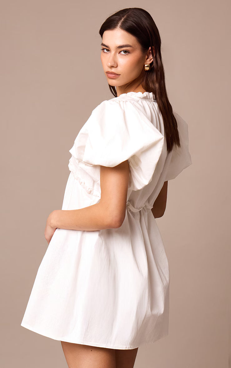 White Cotton Gathered A-line Dress