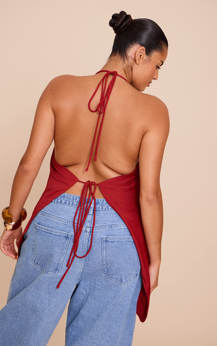 Plus Deep Red Floaty Woven Split Hem Spaghetti Strap Top