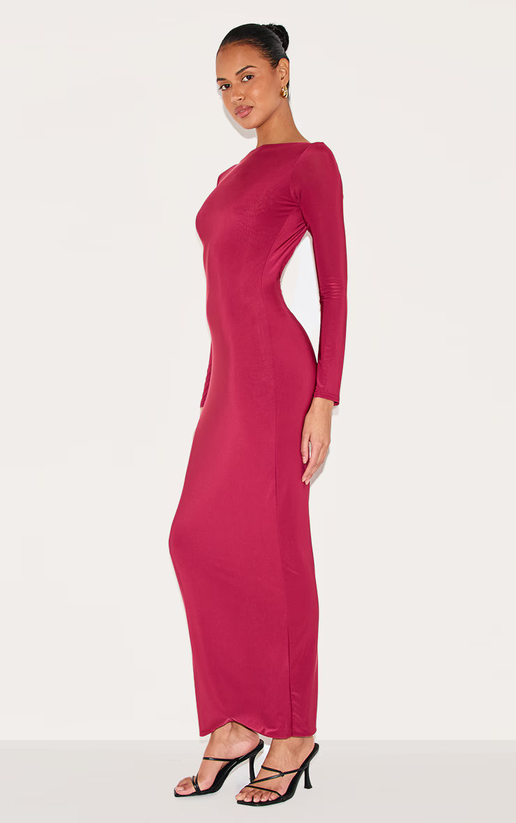 Wine Double Layer Slinky Maxi Dress