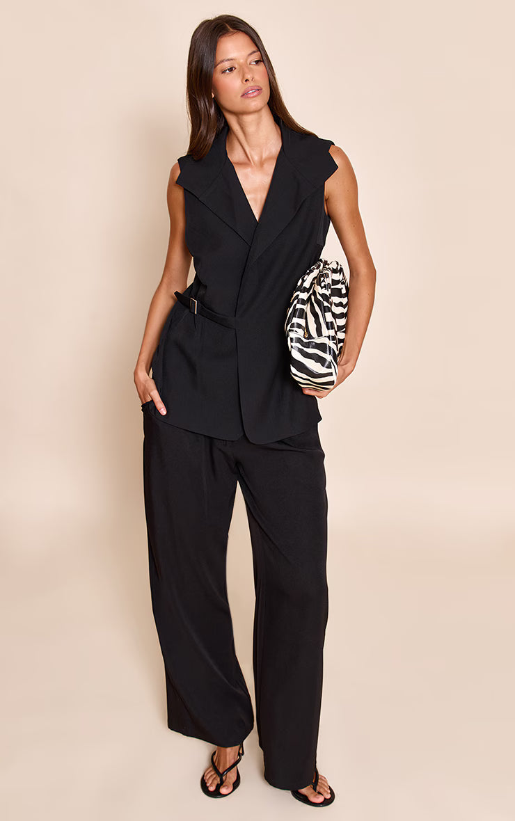 Black Oversized Buckle Detail Longline Vest