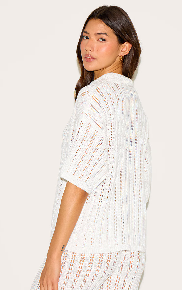 Cream Crochet Rugby Knit Top