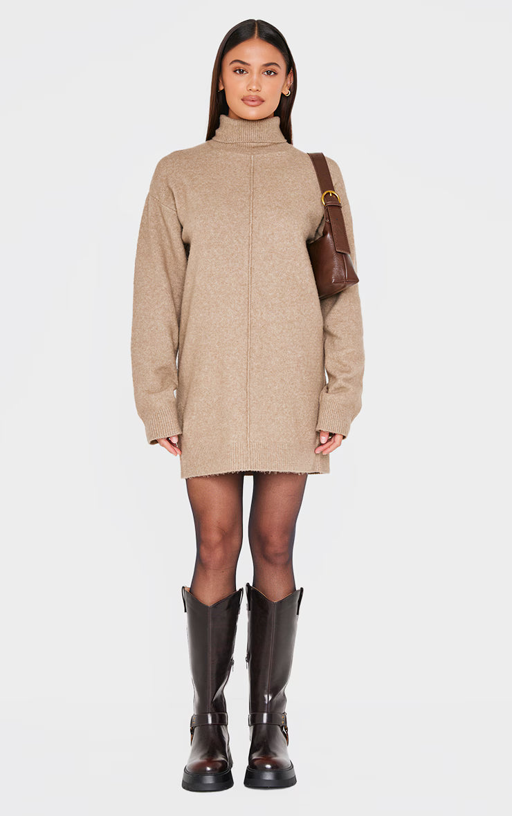 Light Mocha Soft Knit Roll Neck Oversized Seam Detail Sweater Dress
