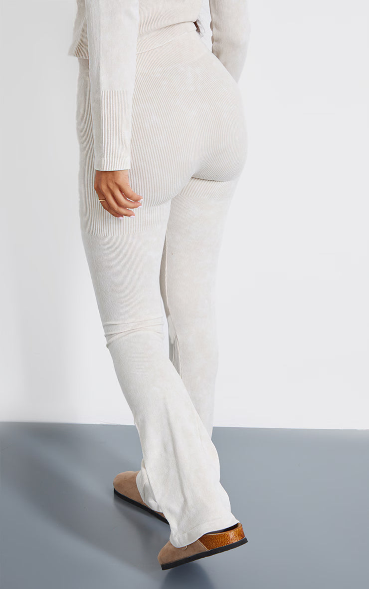 Petite Cream Faded Snatched Rib Button Detail Flare Leggings