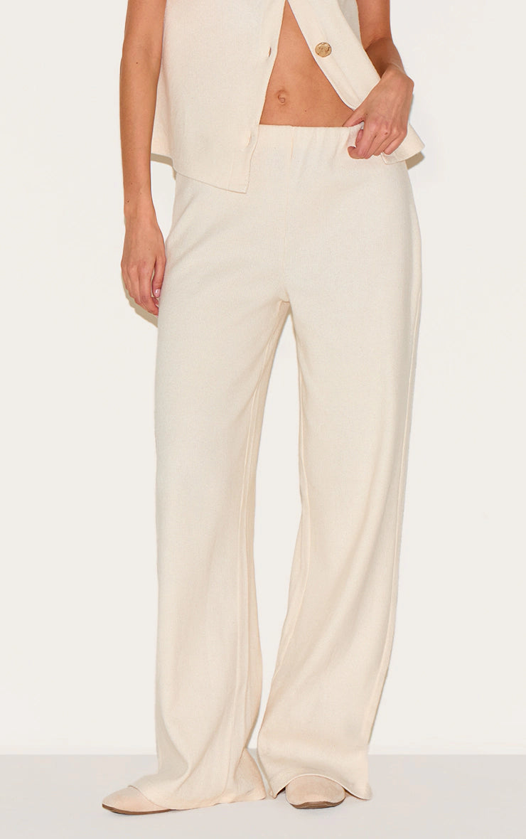 Cream Brushed Rib Low Rise Straight Pants