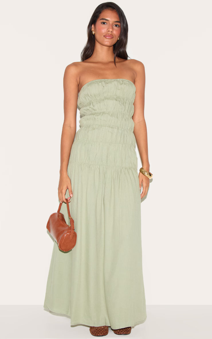 Sage Bandeau Ruched Detail Maxi Dress