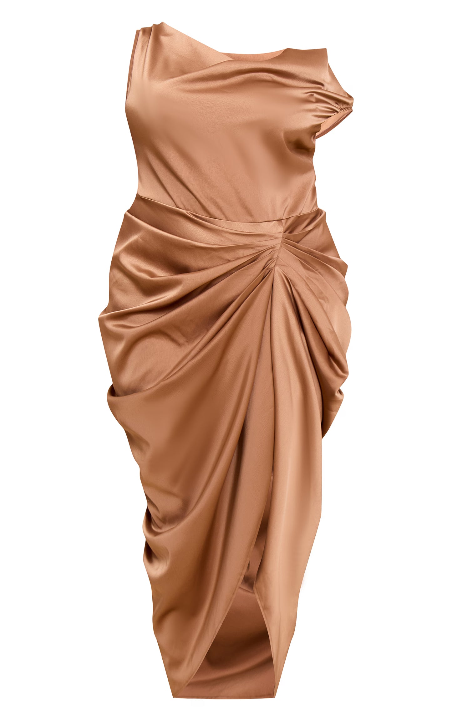 Plus Mocha Satin Off The Shoulder Draped Skirt Midi Dress