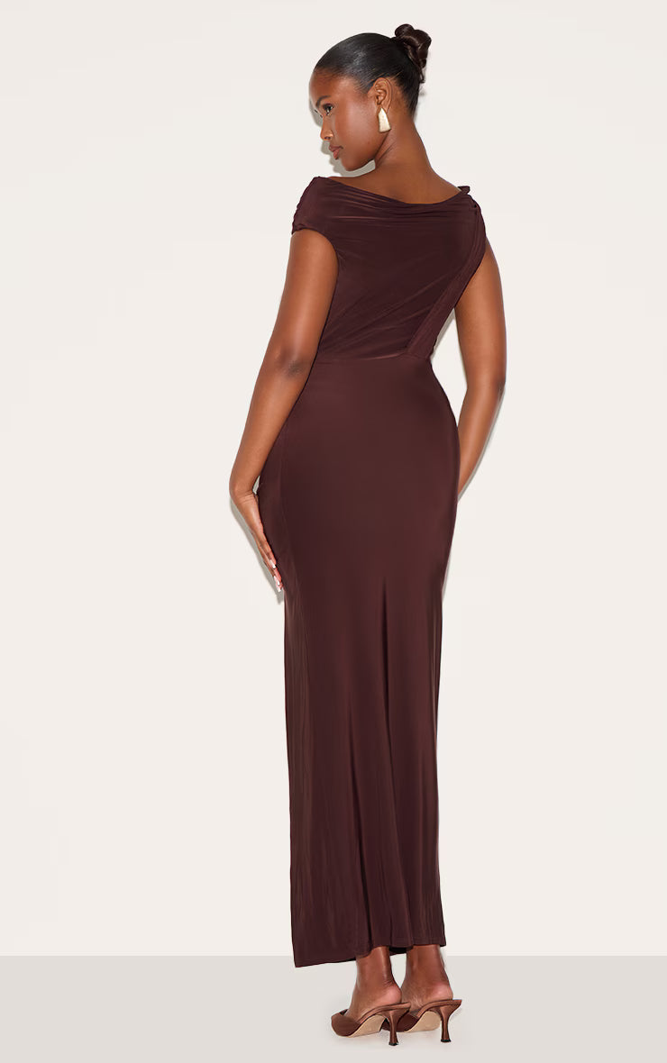 Chocolate Slinky Twist Detail Maxi Dress