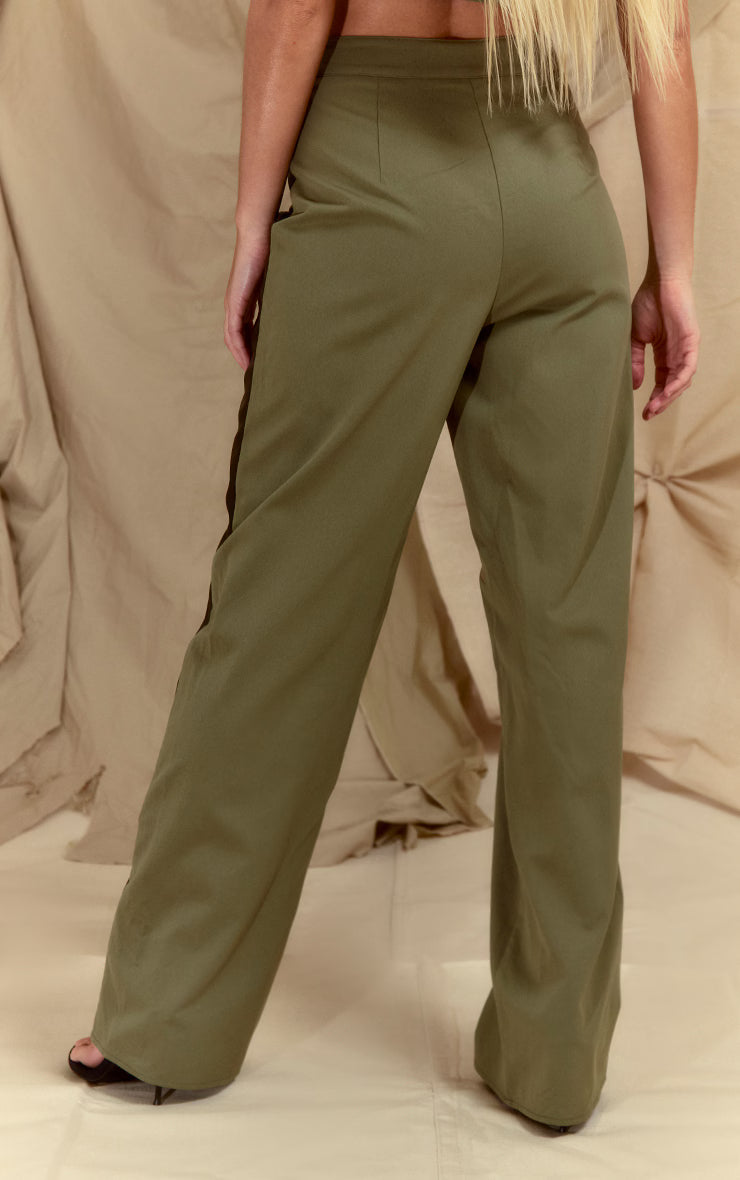 Khaki Twill Contrast Panel Straight Leg Pants