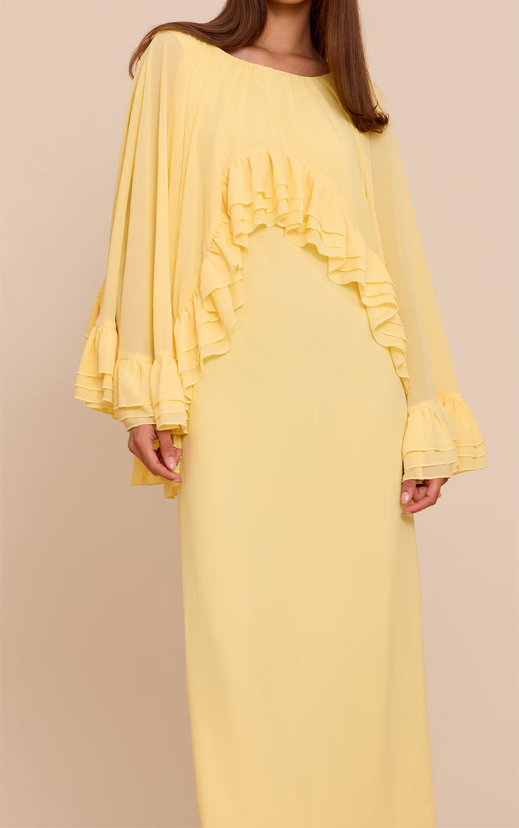 Lemon Chiffon Extreme Overlay Frill Detail Maxi Dress