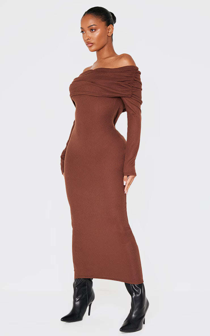 Shape Chocolate Rib Bardot Long Sleeve Maxi Dress