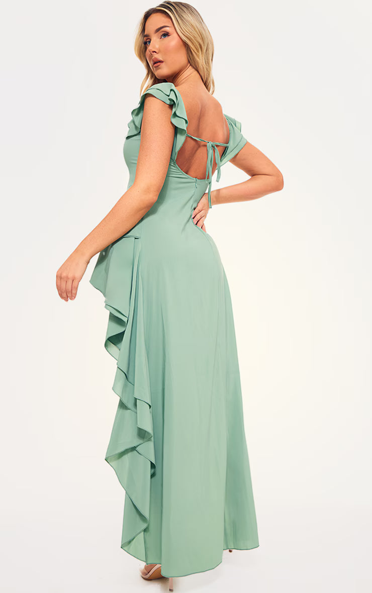 Sage Green Bardot Ruffle Detail Midi Dress