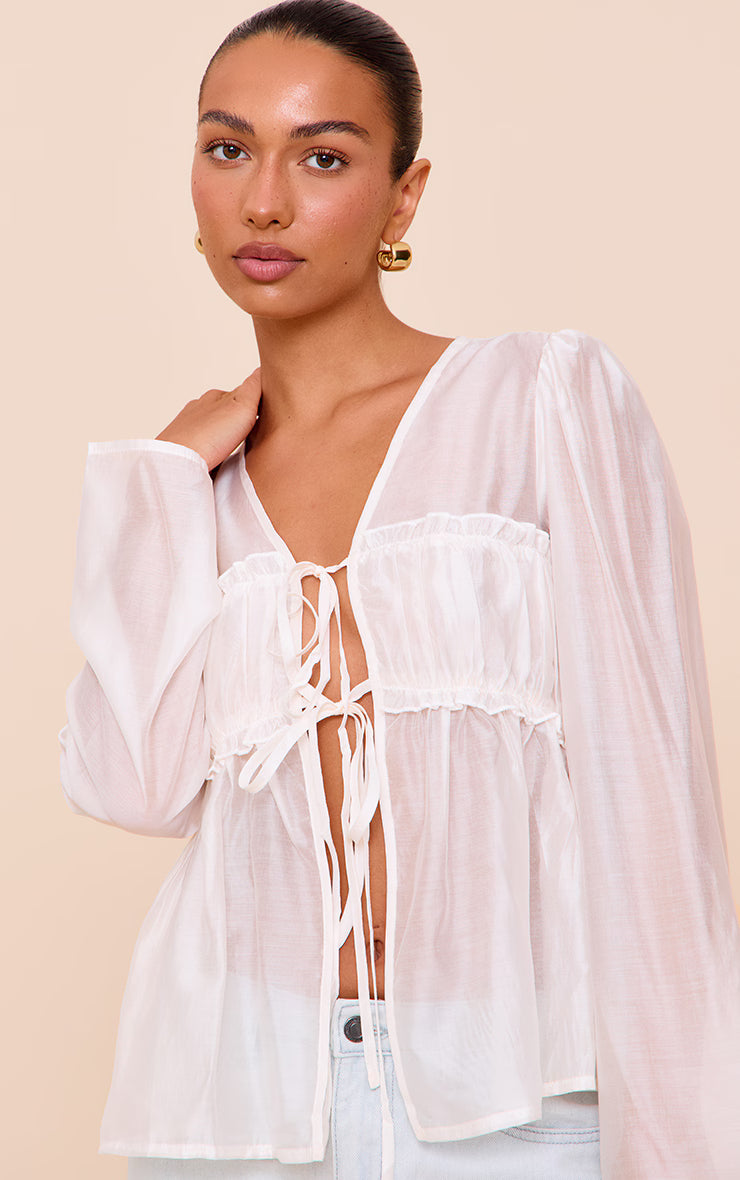 Cream Chiffon Tie Front Ruched Blouse