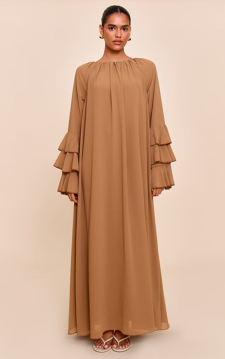 Chocolate Chiffon Frill Sleeve Detail Maxi Dress